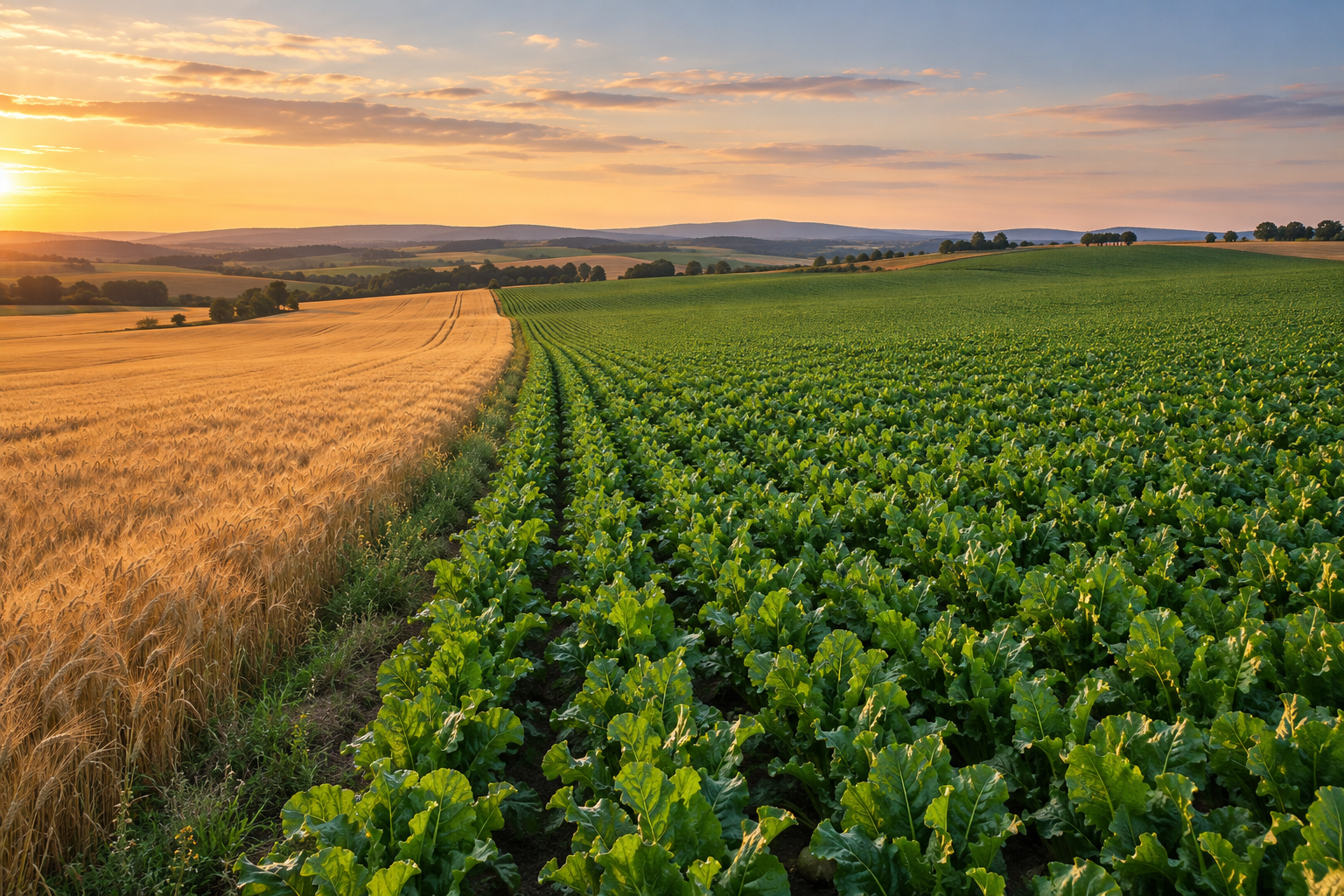 Illustrative landscape of a green sugar beet field beside a golden grain field in evening light